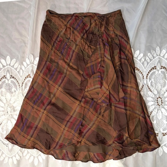 Lauren Ralph Lauren Dresses & Skirts - Vintage Lauren Ralph Lauren 100% Silk Plaid Ruffle Midi Skirt Brown Womens Small